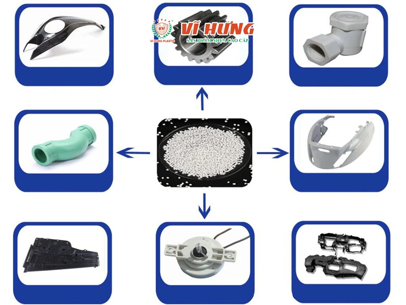 Các sản phẩm được sản xuất từ nhựa PPC: Ống nước, linh kiện xe máy,...
