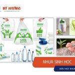 Hình minh họa các sản phẩm nhựa sinh học và biểu tượng thân thiện môi trường trong ngành bao bì