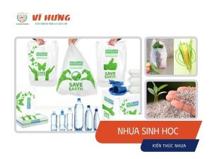 Hình minh họa các sản phẩm nhựa sinh học và biểu tượng thân thiện môi trường trong ngành bao bì