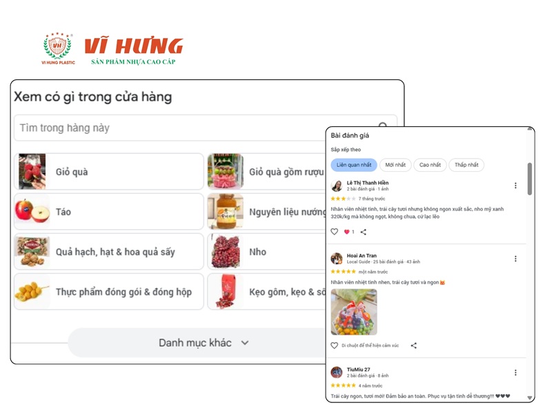 Giao diện Google Maps hiển thị menu sản phẩm và đánh giá khách hàng của cửa hàng trái cây