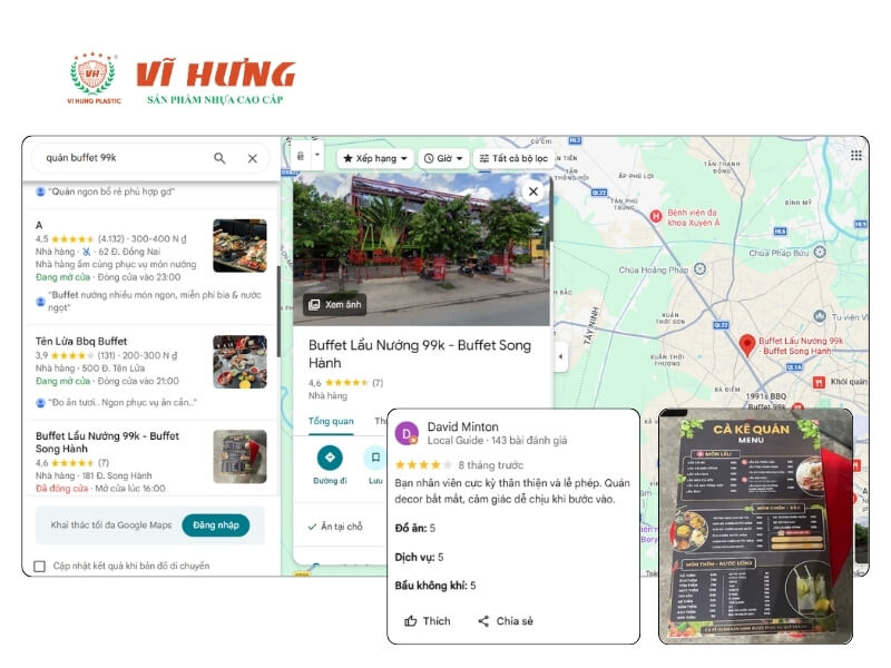 Kết quả tìm kiếm Google Maps cho "quán buffet 99k" tại TP.HCM, hiển thị đánh giá sao, đánh giá khách hàng và ảnh menu của quán Buffet Song Hành