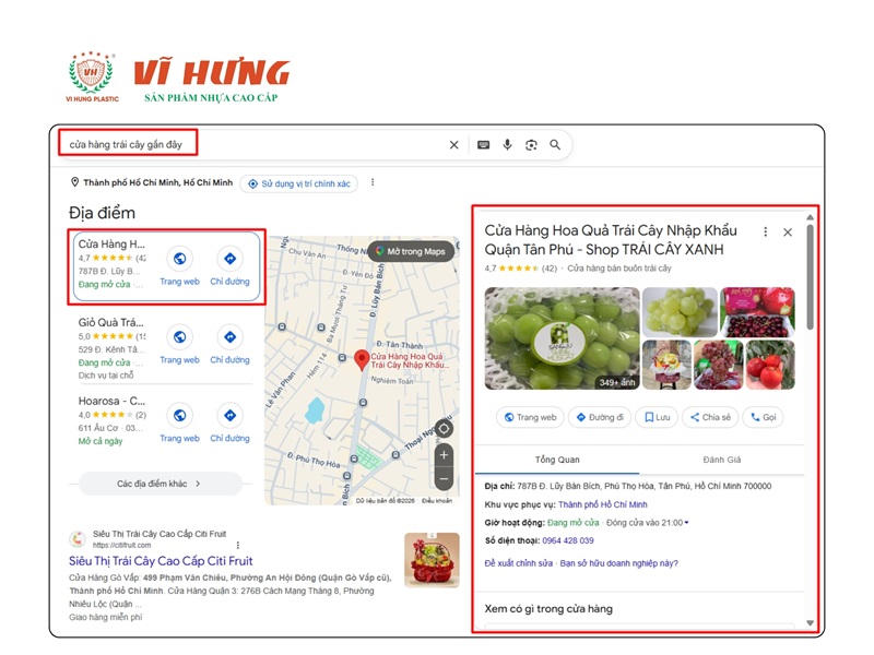 Giao diện Google Maps hiển thị cửa hàng trái cây với đánh giá sao, hình ảnh sản phẩm và thông tin liên hệ