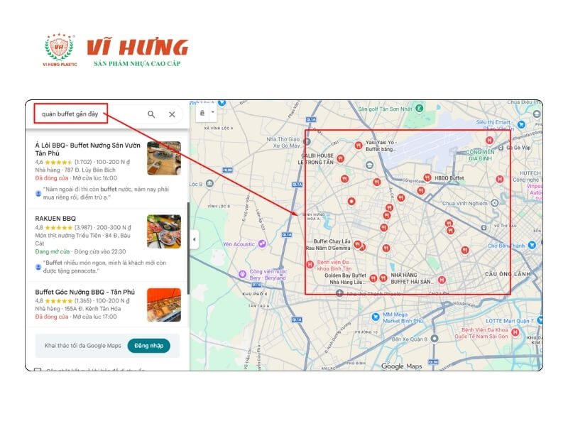 Màn hình Google Maps tìm kiếm "quán buffet gần đây" tại khu vực TP.HCM, hiển thị các điểm đỏ đánh dấu mật độ nhà hàng buffet tập trung trong vùng được khoanh đỏ.
