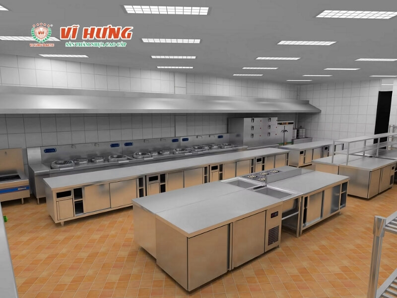 Bản thiết kế 3D khu bếp trung tâm quy mô lớn với hệ thống thiết bị inox công nghiệp đồng bộ, bếp nấu nhiều họng và khu sơ chế rộng rãi.