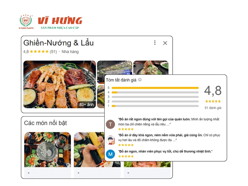 Hồ sơ Google Maps của quán lẩu nướng với điểm đánh giá 4.8 sao, ảnh món ăn đẹp mắt và các nhận xét chi tiết từ khách hàng thực tế
