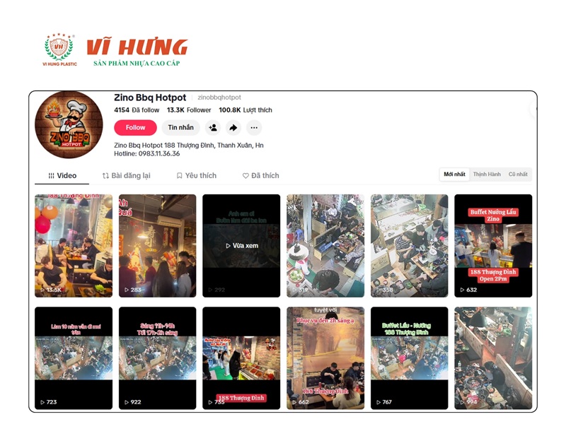 Trang TikTok của quán Zino BBQ Hotpot với hơn 100.000 lượt thích, hiển thị lưới video quay cảnh quán đông khách, bàn ăn và các chương trình buffet.