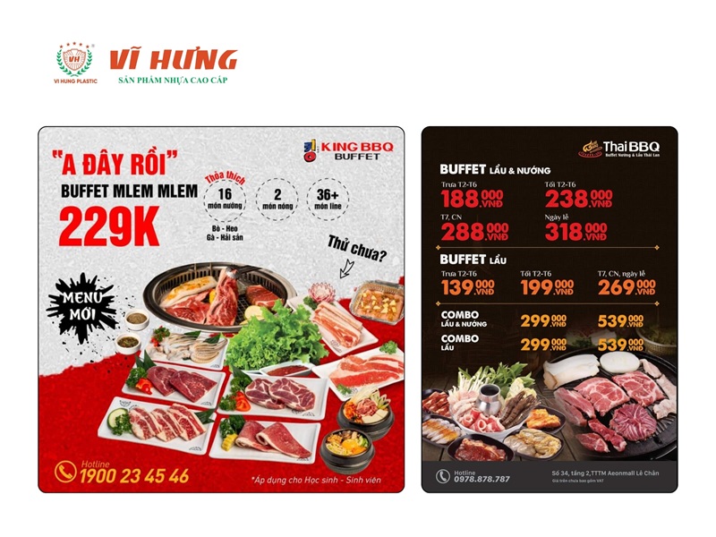 Alt: Thiết kế banner quảng cáo combo buffet lẩu nướng của King BBQ và Thai BBQ với bảng giá theo suất và hình ảnh các đĩa thịt bắt mắt