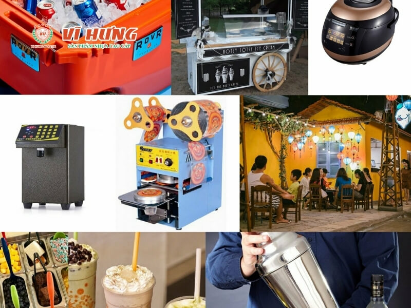Các thiết bị kinh doanh trà sữa gồm thùng đá cam, xe đẩy trà sữa, nồi cơm điện, máy phun nước, máy dập nắp, máy làm kem, quán trà sữa ngoài trời, ly trà sữa, và bình pha chế cocktail