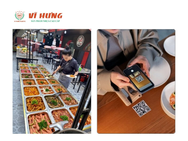 Hai hình thức phục vụ buffet: nhân viên phục vụ tại quầy line tự chọn (trái) và khách quét mã QR gọi món tại bàn (phải)