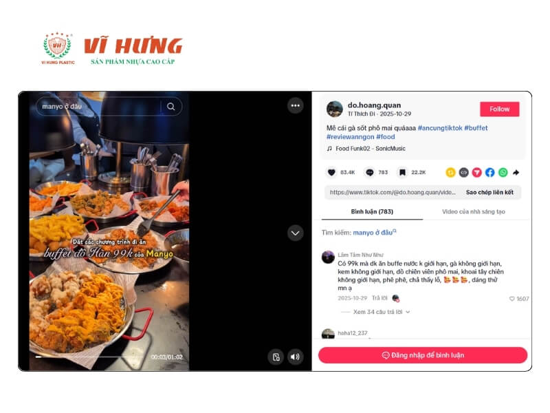 Màn hình TikTok hiển thị video review buffet đồ Hàn 99k của Manyo với 83.4K lượt thích, phần bình luận khách khen giá trị suất ăn không giới hạn.