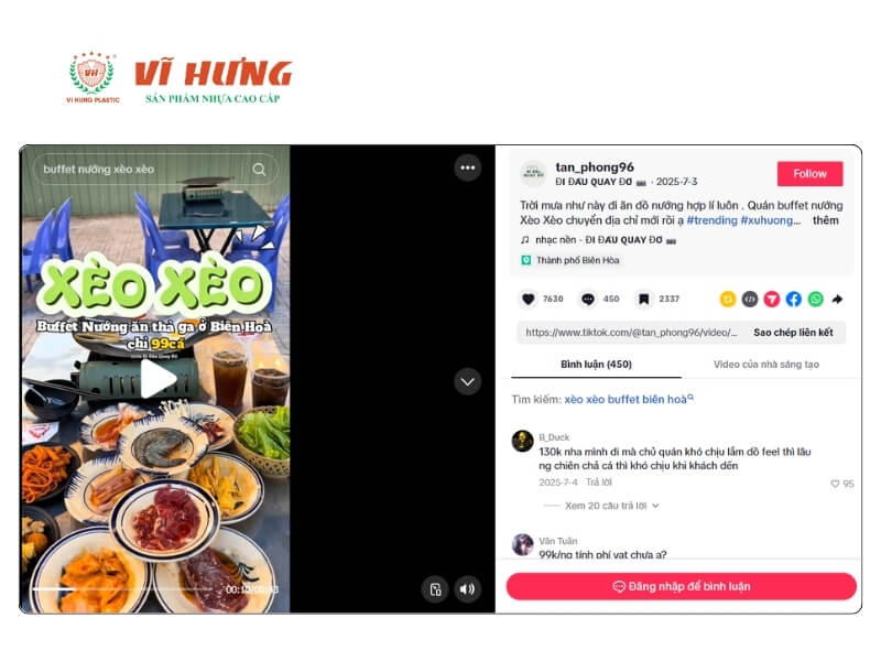 Video TikTok về quán buffet nướng Xèo Xèo tại Biên Hòa với giá 99k, hiển thị lượt xem và bình luận từ người dùng