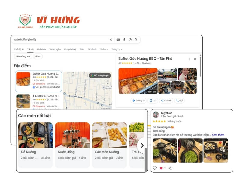 Giao diện Google Search hiển thị kết quả tìm kiếm "quán buffet gần đây" với thông tin địa điểm, ảnh món ăn, bản đồ và review khách hàng của Buffet Góc Nướng BBQ – Tân Phú.