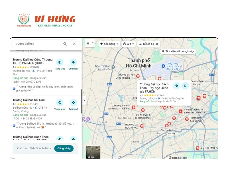 Bản đồ Google Maps khu vực TP.HCM hiển thị các trường đại học như Đại học Bách Khoa, Đại học Công Thương, Đại học Sài Gòn