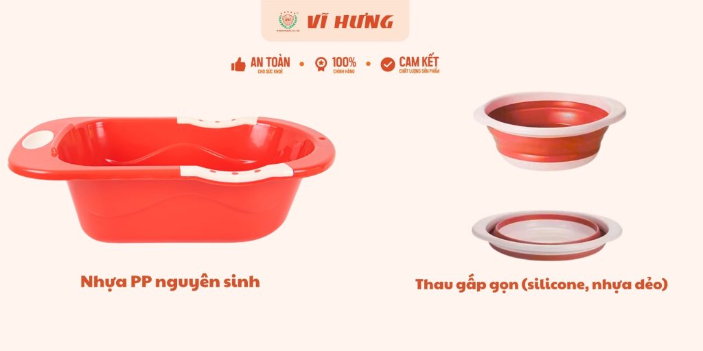 2 loại thau nhựa PP nguyên sinh và thau gấp gọn (silicone, nhựa dẻo)